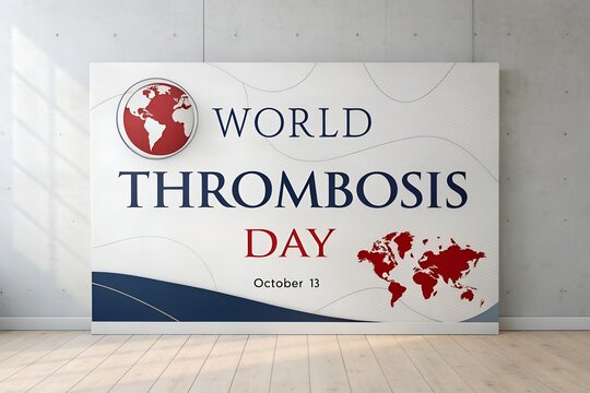 World thrombosis day sign displayed on a large white poster featuring red globe graphics and elegant blue typography placed inside a bright modern gallery room with light wooden floor boards.