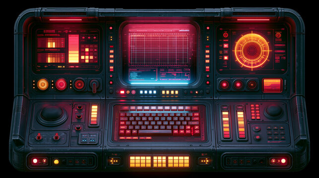 Futuristic control panel with glowing screens and buttons, sci fi technology interface.