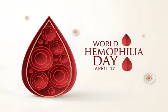 Elegant red paper cut style blood drop illustration featuring circular patterns and bold typography designed to commemorate world hemophilia day observed annually on the seventeenth of april with arti