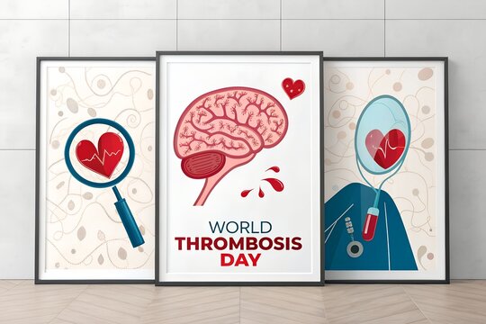 Three framed medical posters featuring anatomical illustrations of a human brain and a heart with electrocardiogram lines displayed on a white wall for the annual global World Thrombosis Day awareness