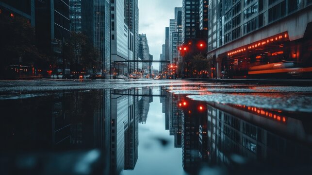 Urban street reflection in a rainy city