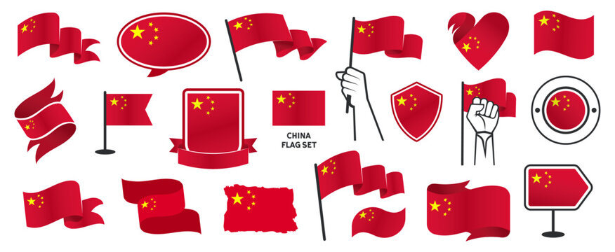 Set of China Flags, Realistic Symbols, Ribbons, Icons, Elements with gradient on Various Objects