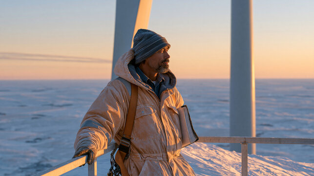 Wind turbine service technician standing atop a nacelle above a snow-covered plains landscape, safety harness clipped to a railing, winter solstice sun barely cresting the