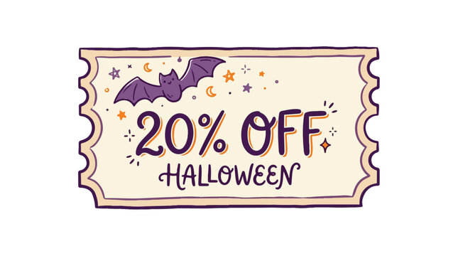 A cream-colored ticket coupon features hand-drawn purple lettering reading "20% OFF HALLOWEEN" alongside a flying bat, stars, and crescent moons.