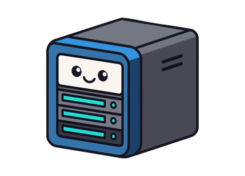 Friendly cartoon computer server tower with a happy face