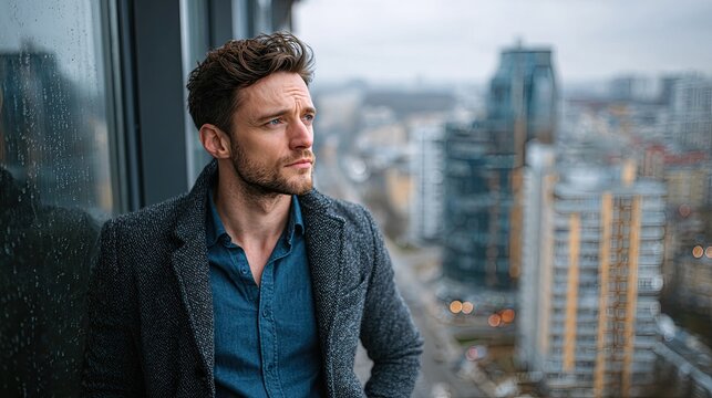 Young professional businessman thinking creative solution office window skyscraper city view urban background career ambition vision goal achievement 