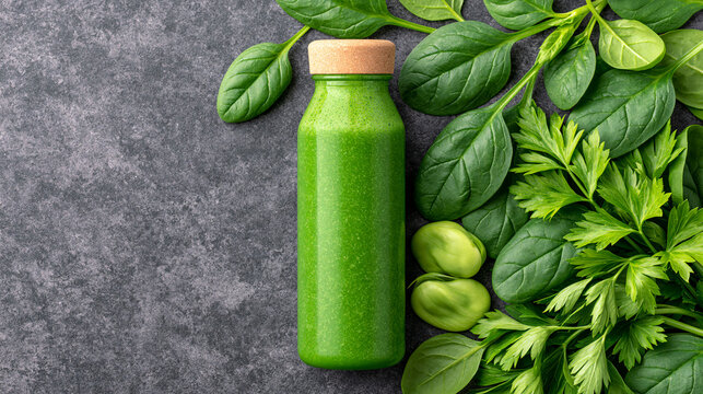 Green smoothie in glass bottle with spinach, parsley and fava beans on dark stone.