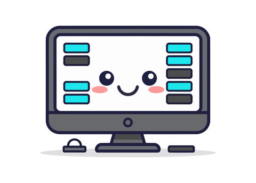 Cute desktop computer with smiling kawaii face and data bars