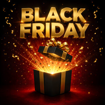 Black friday opening gift box with golden light and confetti.
