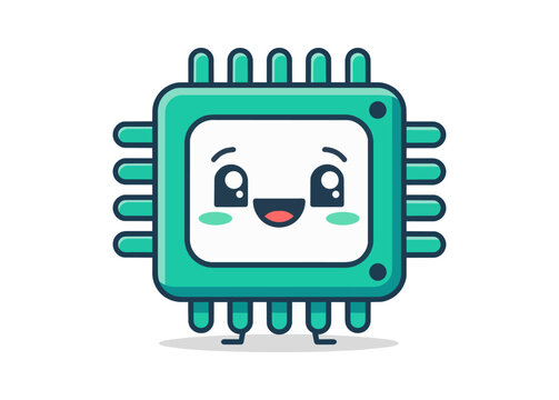 Smiling computer processor chip character with kawaii expression