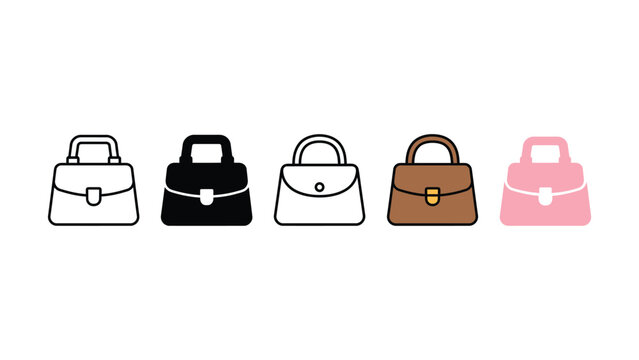 Five different colored handbags in a row on white background
