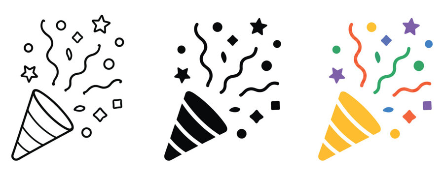 Party popper celebration icon set with confetti in three graphic variations