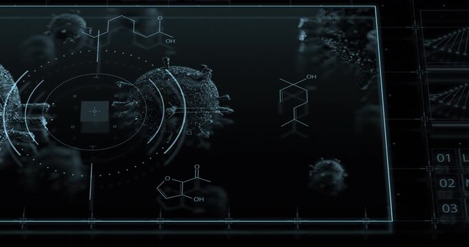 Detailed 3D virus particles float alongside chemical structure diagrams on a dark scientific interface.