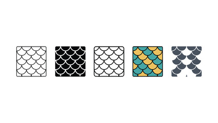 Five square tiles with different colored fish scale patterns on white background © vector contributors
