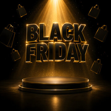 Black friday text with spotlights shining on stage and shopping bags.