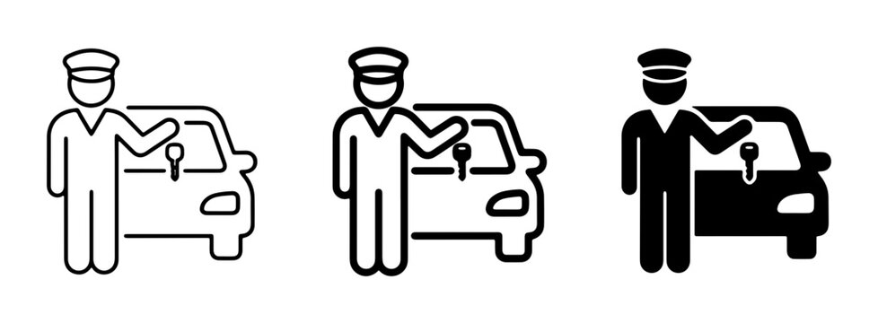 Chauffeur Icon Set, Valet Parking Symbol, Driver with Car and Key, Transportation Service Vector Graphics