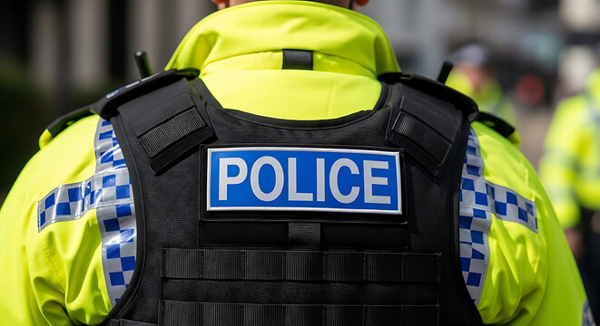 Rear View of a Police Officer Wearing a HighVisibility Uniform and Security Tactical Vest