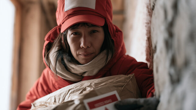 A delivery driver hefting insulated boxes up an icy apartment building stairwell, breath fogging in the cold corridor, holiday label visible on the package, exhausted