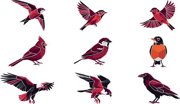 Geometric low poly bird vector set featuring cardinal eagle sparrow crow and robin illustrations in red and black colors