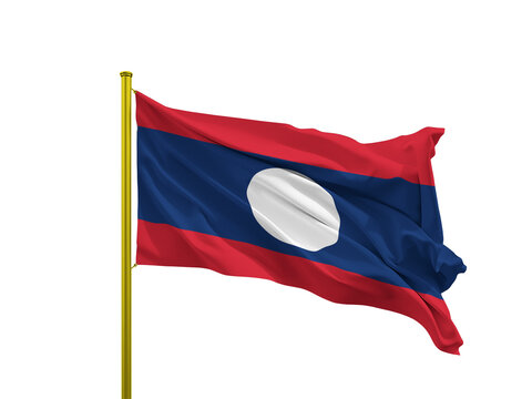 Laos flag waving on a golden pole isolated on Transparent Background