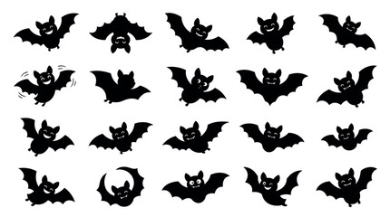 Fototapeta premium Cute cartoon bats flying and hanging in various playful poses. Adorable black bat vector illustrations for Halloween and spooky designs.