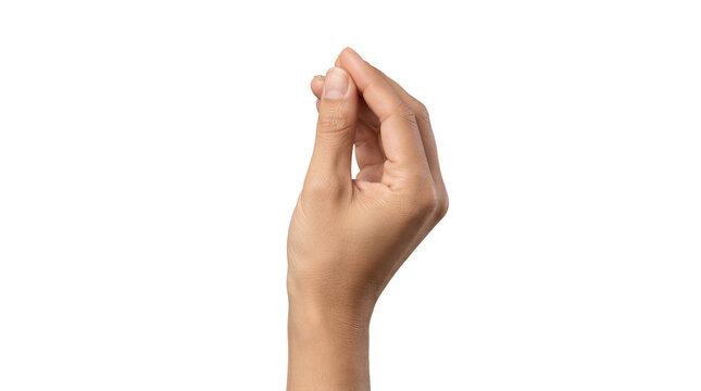 Close up view of a human hand held in a pinching gesture against a plain grey background.