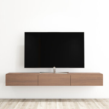Modern Living Room TV Wall Mockup with White Wall and Floating Wooden Console. 2