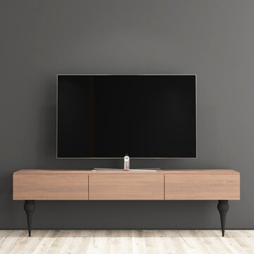 Modern Living Room TV Wall Mockup with Gray Wall and Floating Wooden Console. 1
