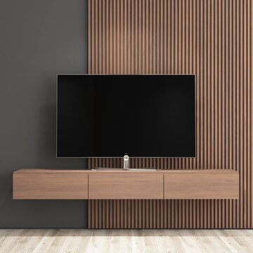 Modern Living Room TV Wall Mockup with Vertical Wooden Slats and Floating Wooden Console. 3
