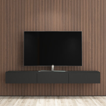 Modern Living Room TV Wall Mockup with Vertical Wooden Slats and Floating Black Console. 4