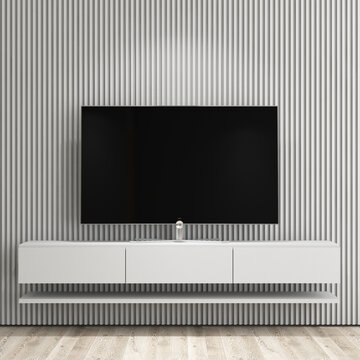 Modern Living Room TV Wall Mockup with Light Gray Wooden Slats and Floating White Console. 6