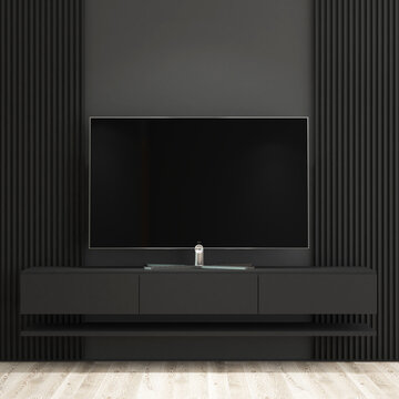 Modern Living Room TV Wall Mockup with Black Vertical Slats and Floating Black Console. 5