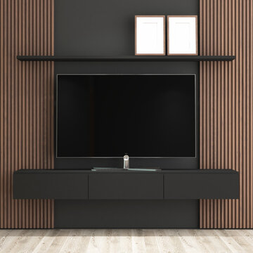 Modern Living Room TV Wall Mockup with Wooden Slats and Floating Black Console. 8