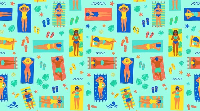 Summer beach pattern with people sunbathing on colorful towels