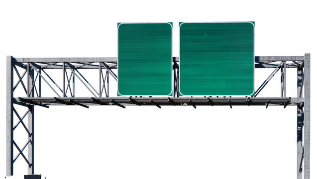 Isolated two blank green highway road signs on an overhead metal gantry for custom text.