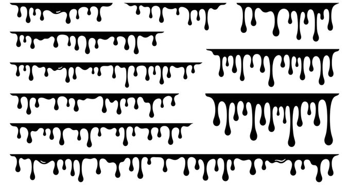 Set of black paint drip borders and liquid ink drops