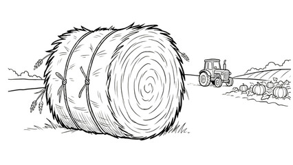 Cute cartoon illustration featuring a wooden wagon loaded with a stack of hay. Isolated on a white background, this farm-themed artwork is perfect for children’s books, educational materials, coloring © Mstrubina