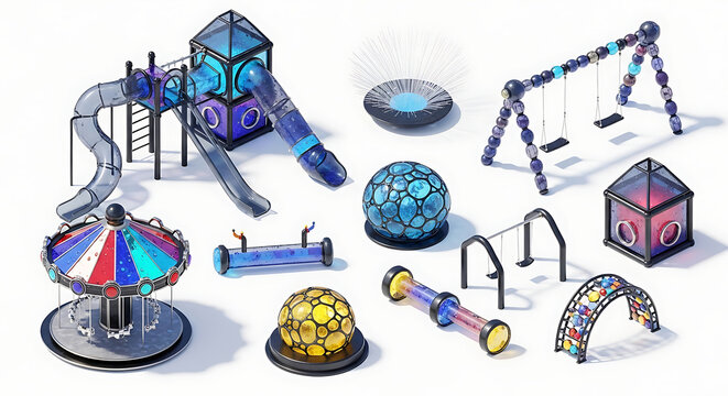 Futuristic glass playground equipment clipart set featuring modern transparent slides swings and carousels for innovative play area design