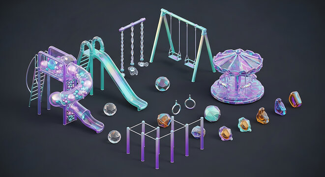 A stunning playground clipart iridescent 3d illustration showcasing a futuristic isometric collection of crystal slides swings and carousels