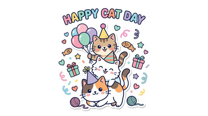 Fototapeta premium Happy Cat Day celebration with festive cartoon cats. Playful kitten illustration with balloons, gifts, and party decorations for pet holidays.