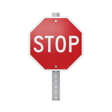 Red octagonal stop sign with metal pole isolated On White Background