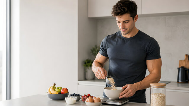 Fit man preparing oatmeal with berries and fruit in a bright kitchen as a high calorie breakfast for muscle gain.