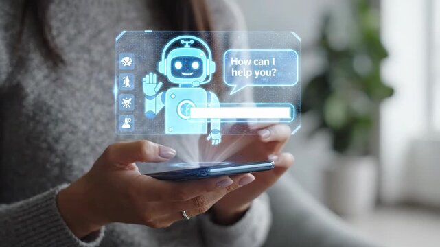 AI Chatbot Assistant. Smartphone with blue holographic robot interface. Ideal for tech support concepts.