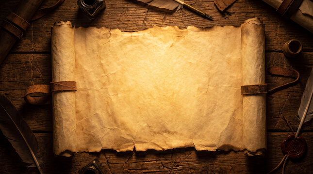 Aged parchment scroll with leather ties top down photographic composition