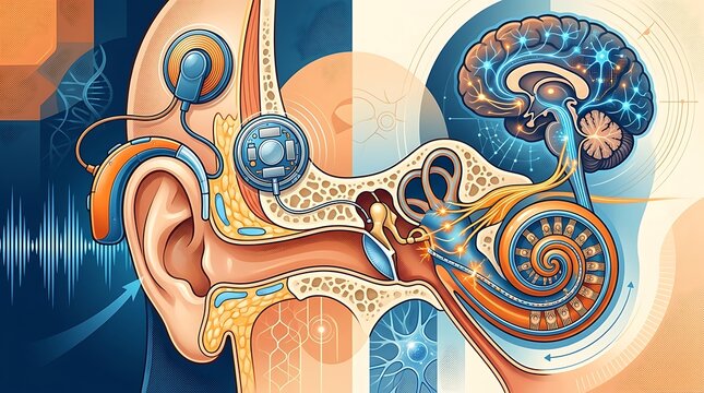 Medical diagram of cochlear implant and ear anatomy connecting to brain