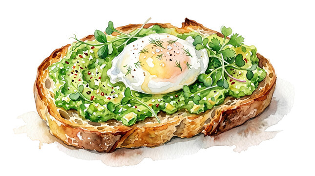 Healthy avocado toast with poached egg and microgreens watercolor illustration for healthy brunch menu blogging