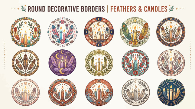 round decorative borders with feathers and candles