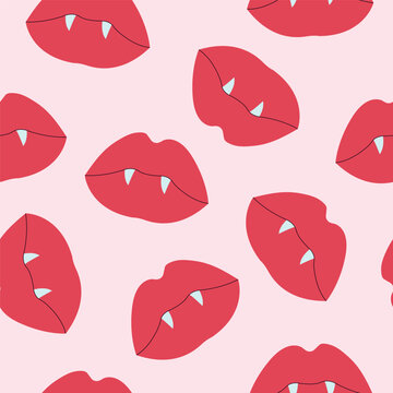 Vampire lips seamless pattern vector illustration. Red biting lips with white fangs cartoon repeating background on isolated pink. Sexy spooky halloween texture for wrapping paper, fabric, wallpaper.