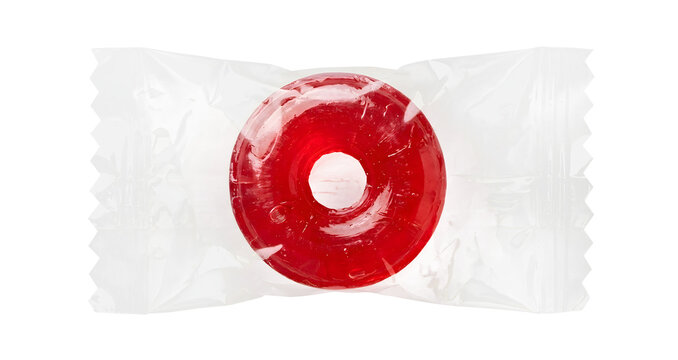 Single red hard candy in a clear plastic wrapper