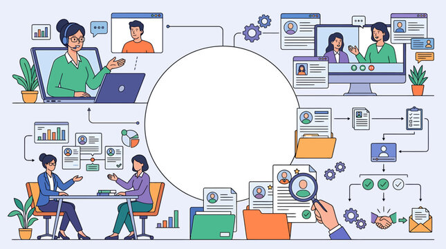 Illustration showing remote work recruitment process and human resources management with copy space.